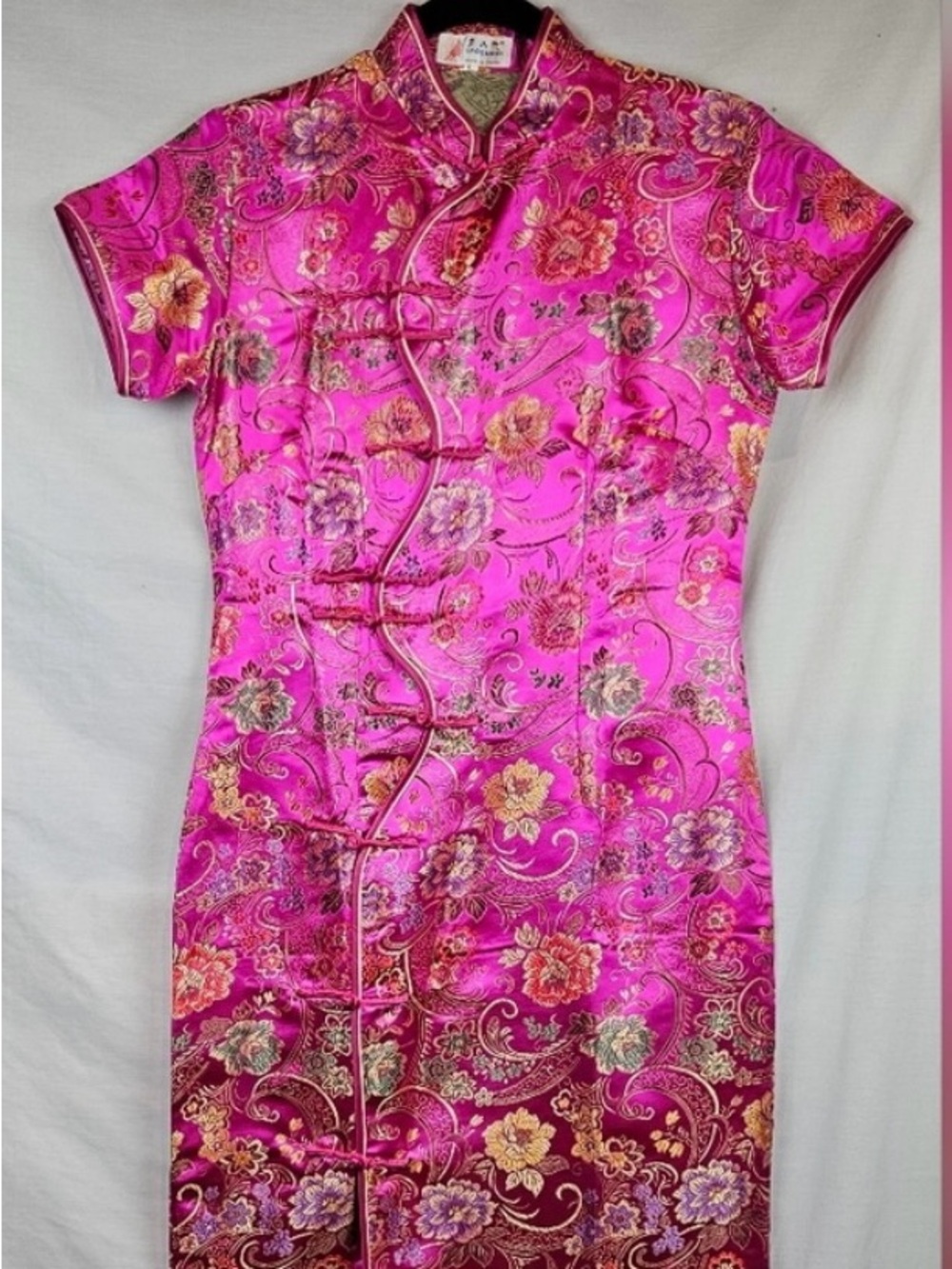 Fuchsia Floral Satin Cheongsam Midi Dress with Mandarin Collar Large